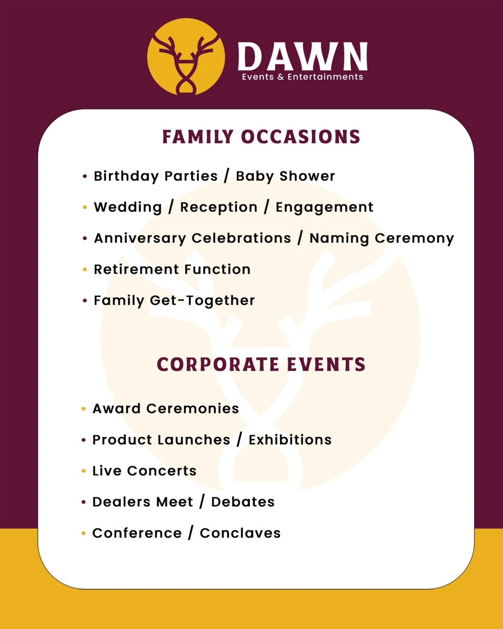 DAWN family occasions and corporate events service overview